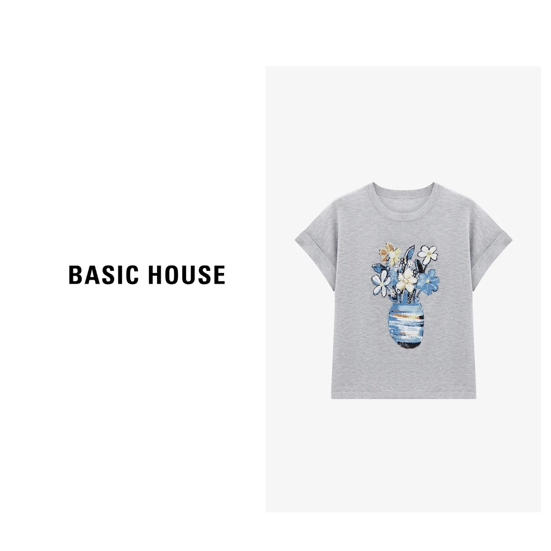 Basic House/百家好夏季圆领卡通百搭简约休闲针织衫-B0625B5CKF2