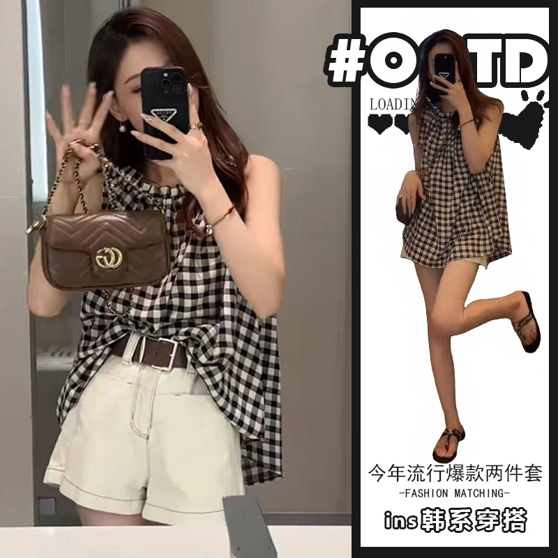 小个子穿搭一整套欧美气质宽松百搭减龄格子上衣搭显腿长休闲短裤