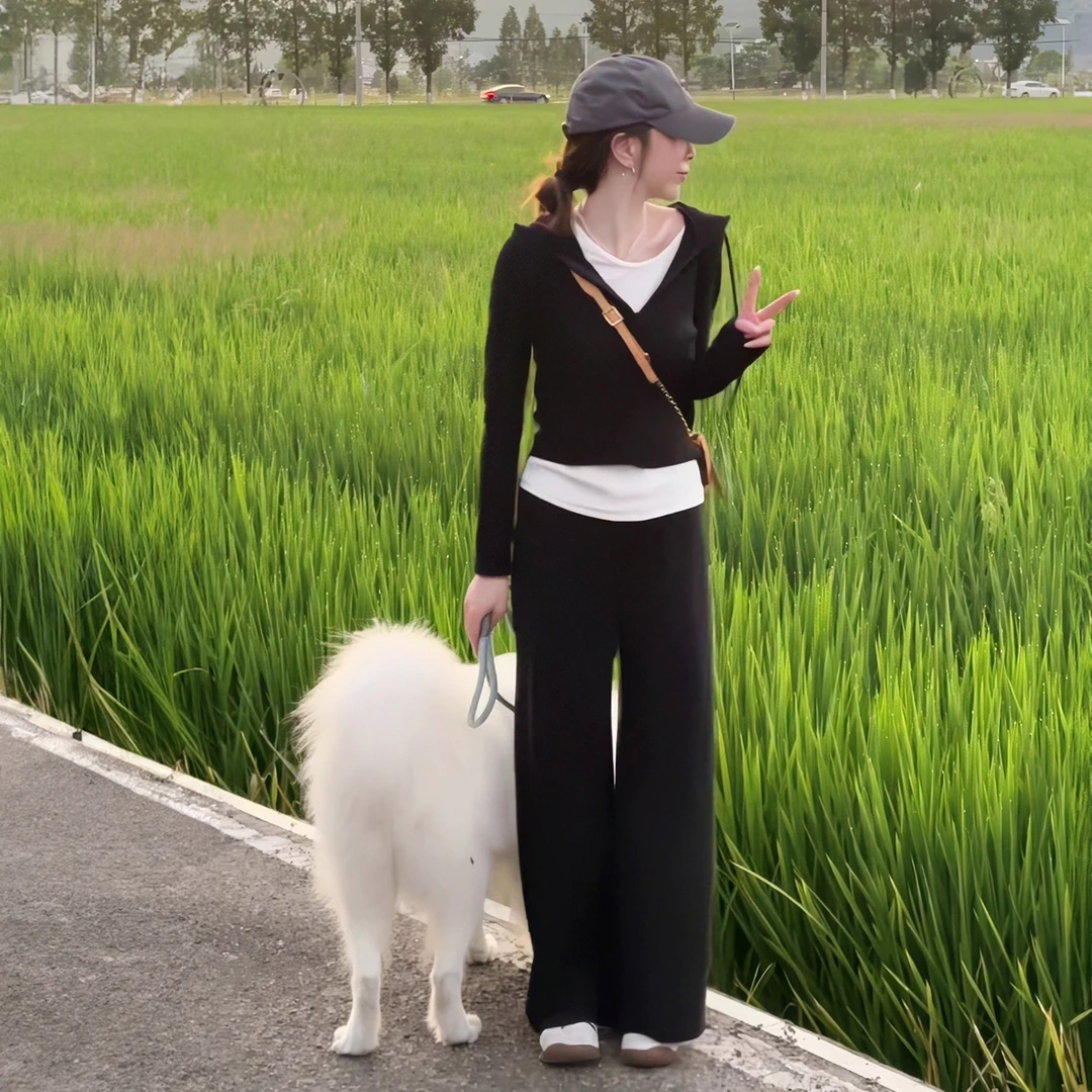 春秋新款假两件拼色连帽长袖上衣女高腰显瘦直筒阔腿裤休闲两件套