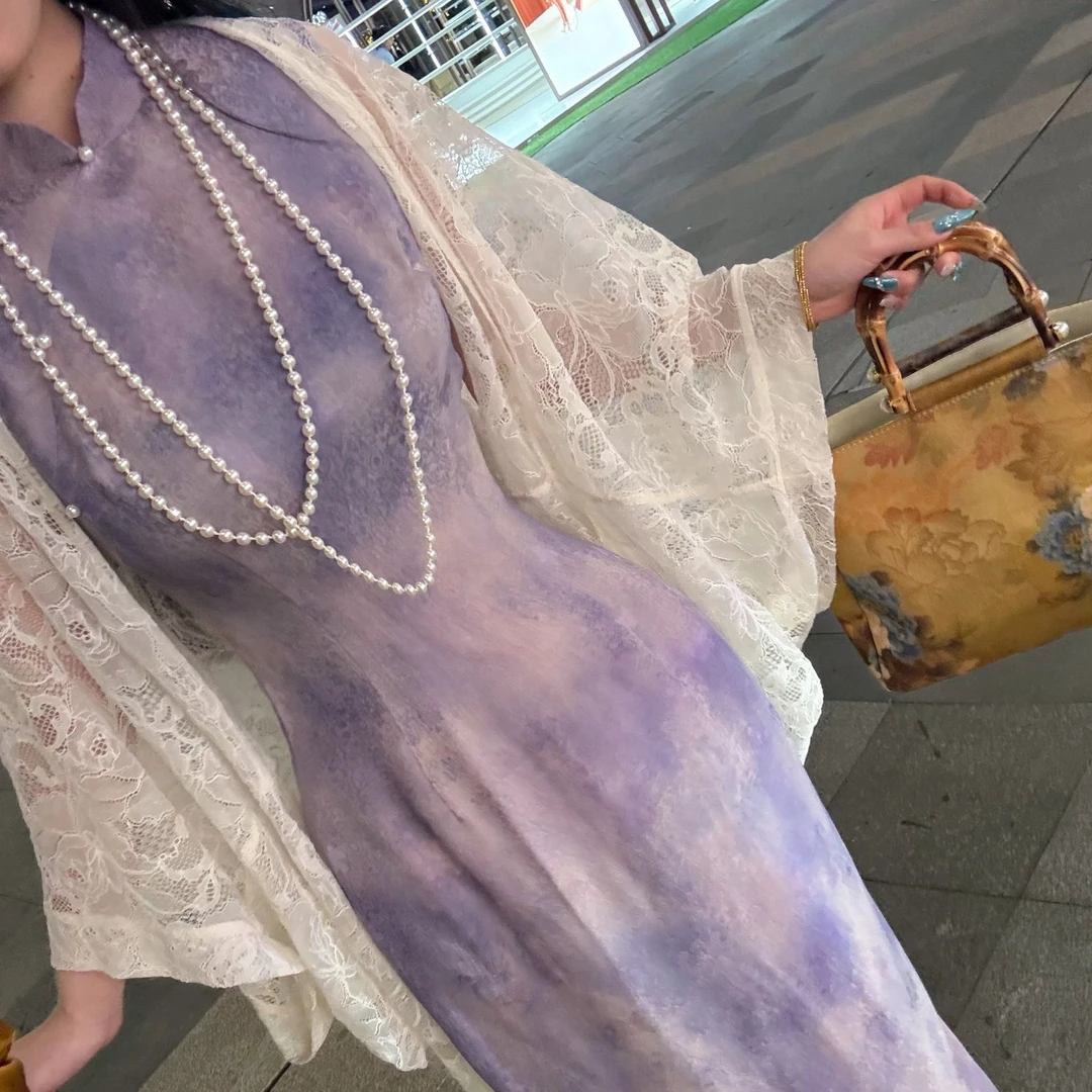 LHMknk1画报夫人原创自制国风新中式晕染渐变春夏真丝旗袍 芮紫晕