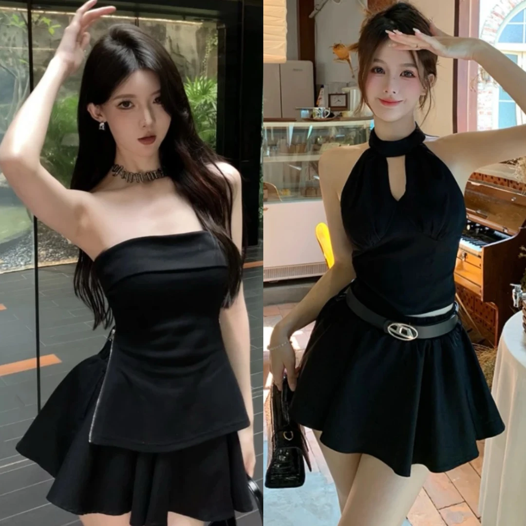 夏季纯欲辣妹风修身显瘦挂脖上衣与抹胸背心搭高腰百搭花苞短裙