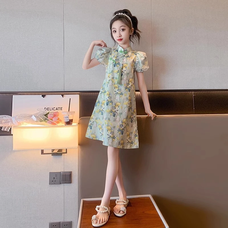 拉夏贝尔女童夏装连衣裙新中式旗袍国风中大童女孩洋气公主裙子儿