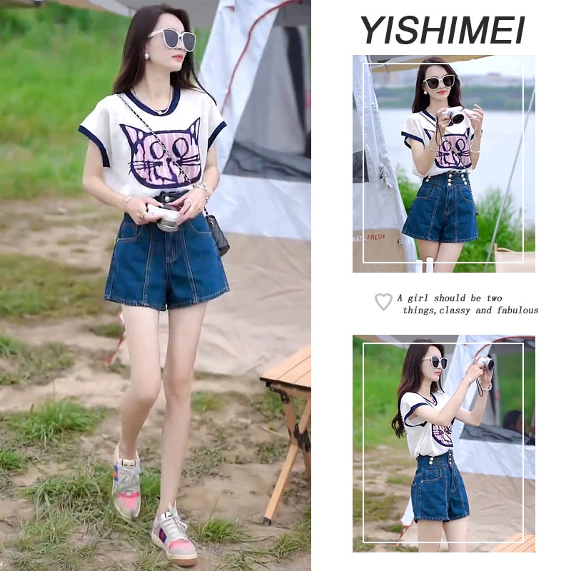 2025夏季穿搭一整套女新款韩版洋气减龄短袖高腰休闲短裤两件套装