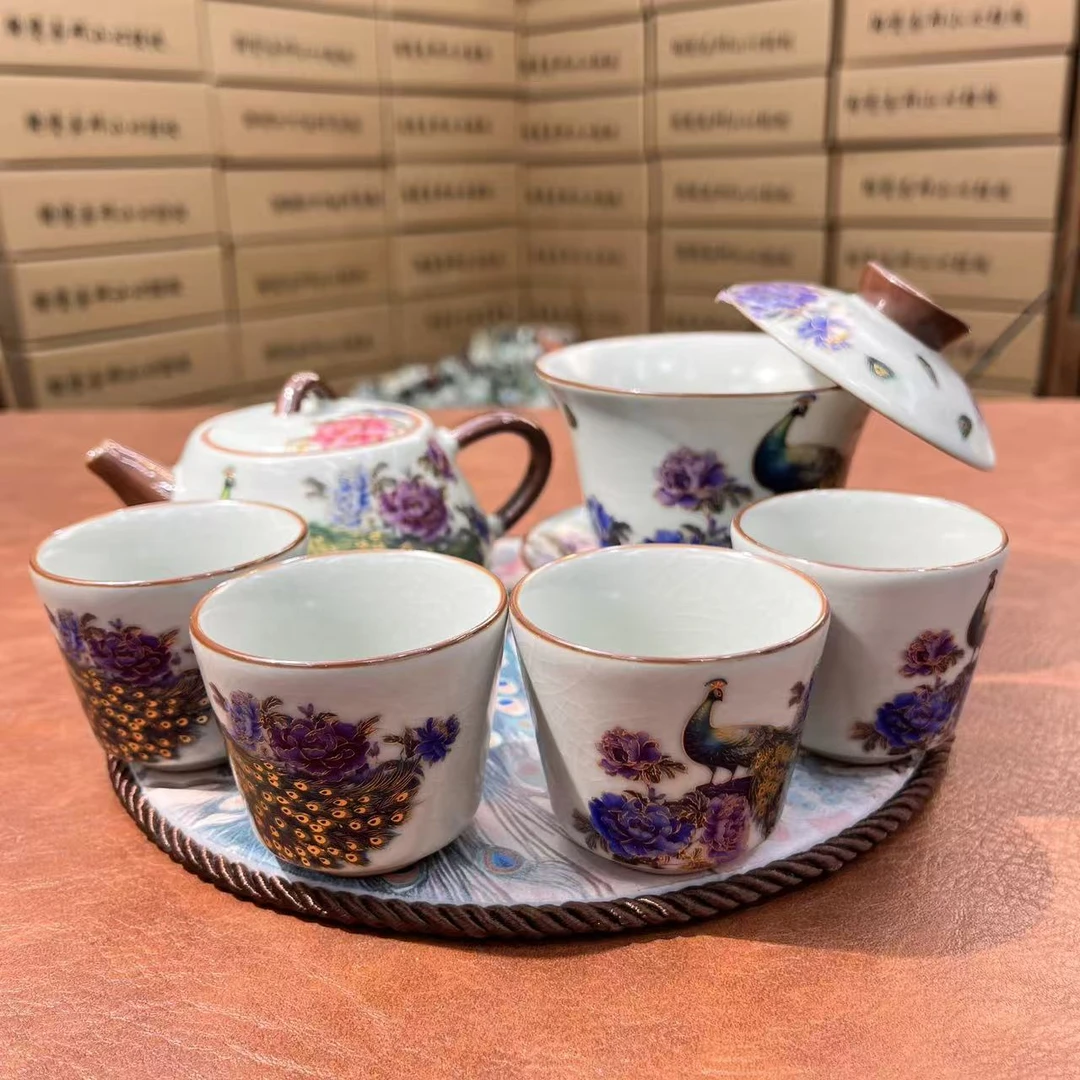 ZH062-珐琅彩孔雀茶具两杯带干泡盘