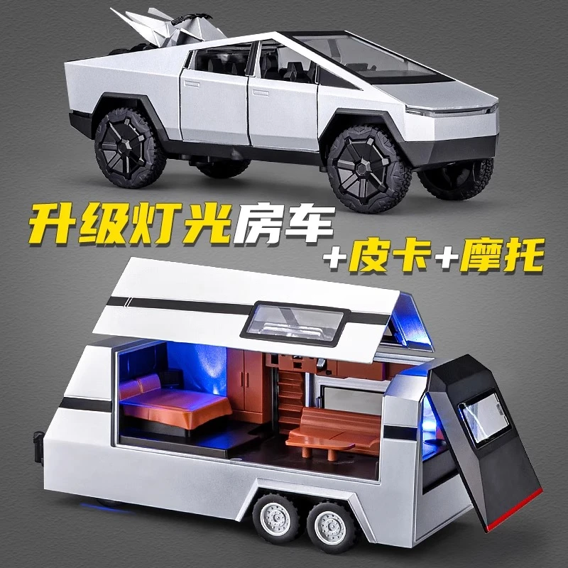 1:32特斯皮卡拖挂房车合金模型回力声光儿童正版玩具摆件仿真礼物