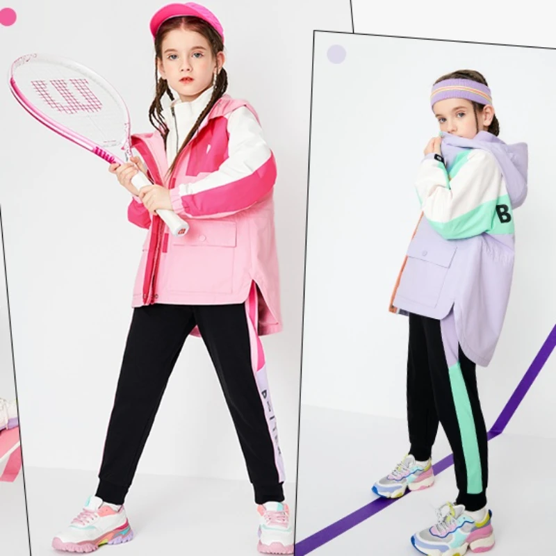 130-170码橙子家女童外套春秋中大童三防拼色连帽冲锋衣外套