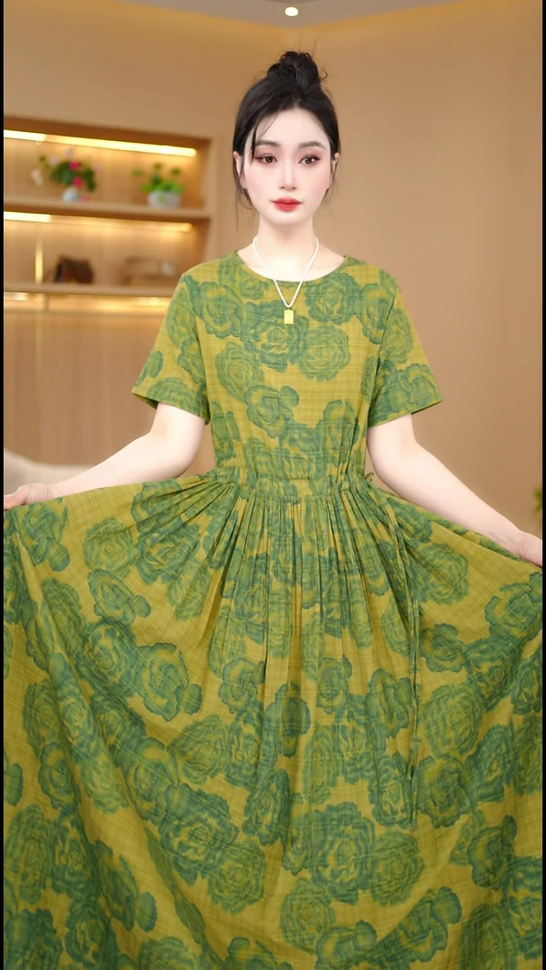 晕染牡丹绿底大摆裙）2025夏季新款短袖连衣裙系带显白气质长裙