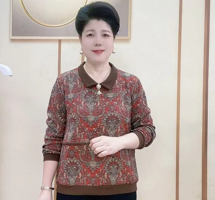 时尚娃娃领大码妈妈衫春秋新款碎花拼接宽松百搭减龄上衣
