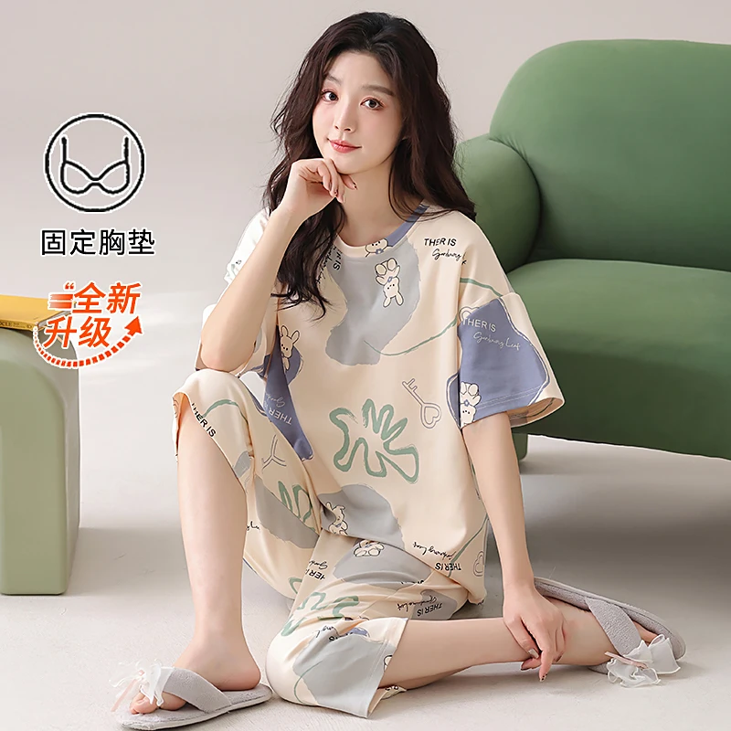 【带胸垫】2025新款短袖七分裤女士纯棉卡通小兔圆领睡衣家居服套装