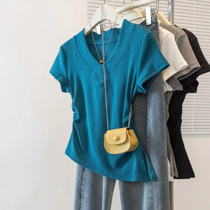 大码女装孔雀蓝V领正肩短袖T恤女夏季胖妹妹收腰不规则巨遮肚上衣