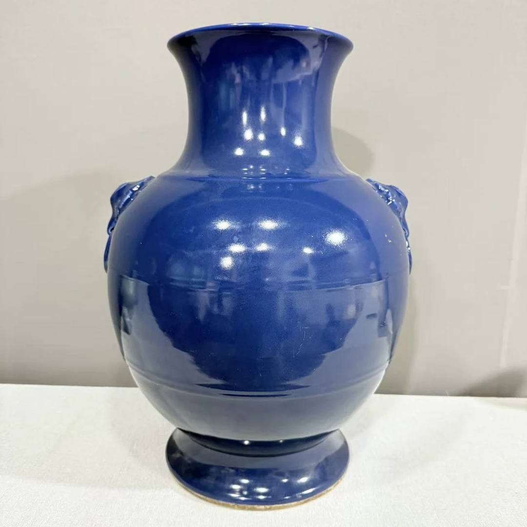 A0905441 清 霁蓝釉双象耳尊（口径约22.2  高度55  肚径36）