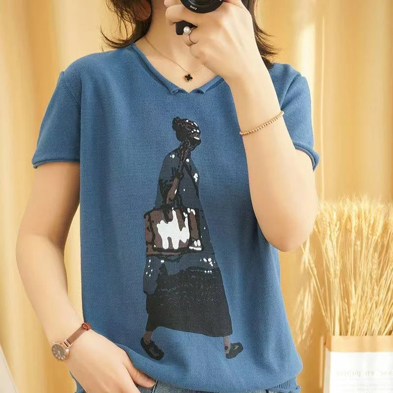 夏女v领棉针织短袖女宽松休闲印花半袖T恤女孩短袖