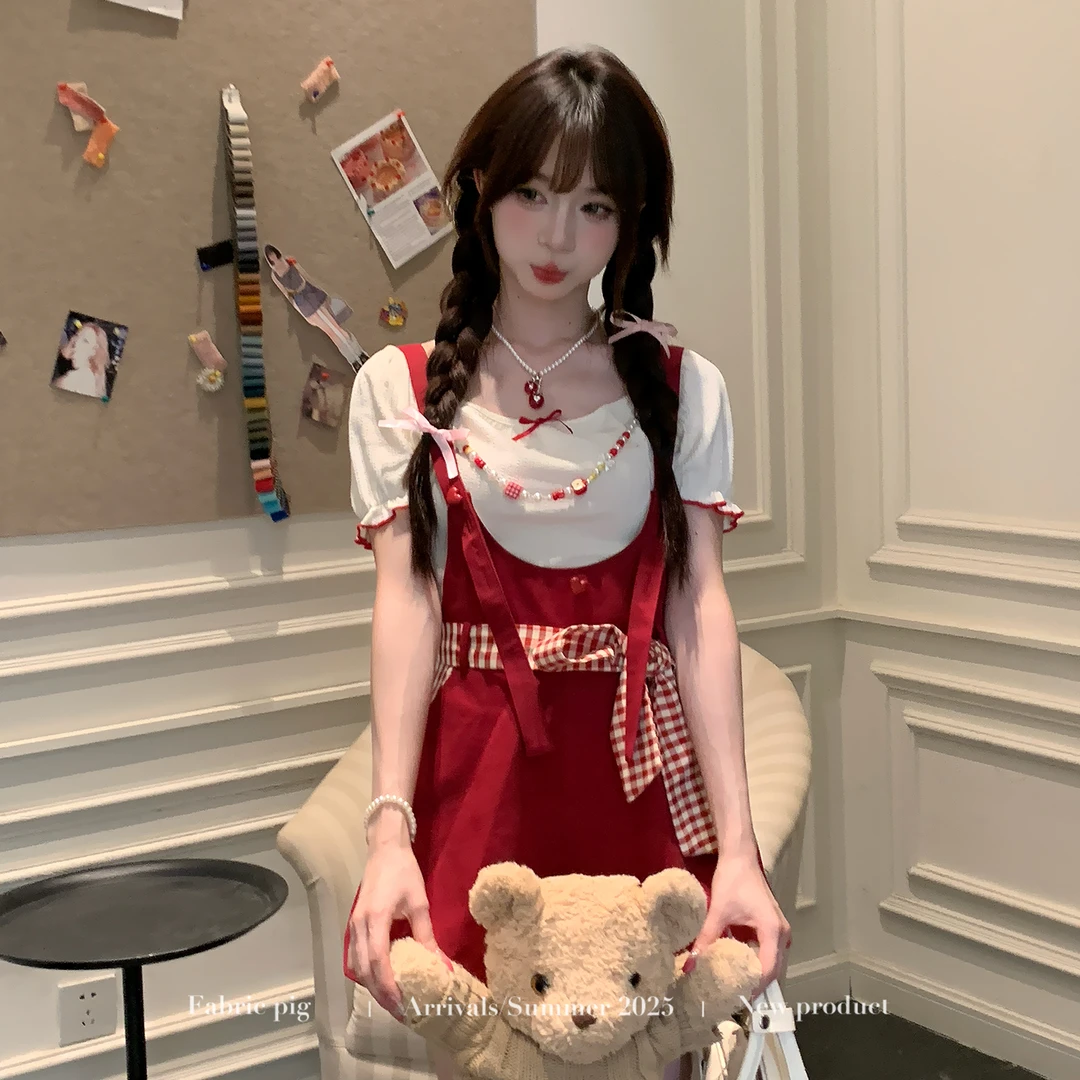 红莓杏语 织物猪原创 甜美少女风红色背带裤女夏可爱减龄显瘦上衣