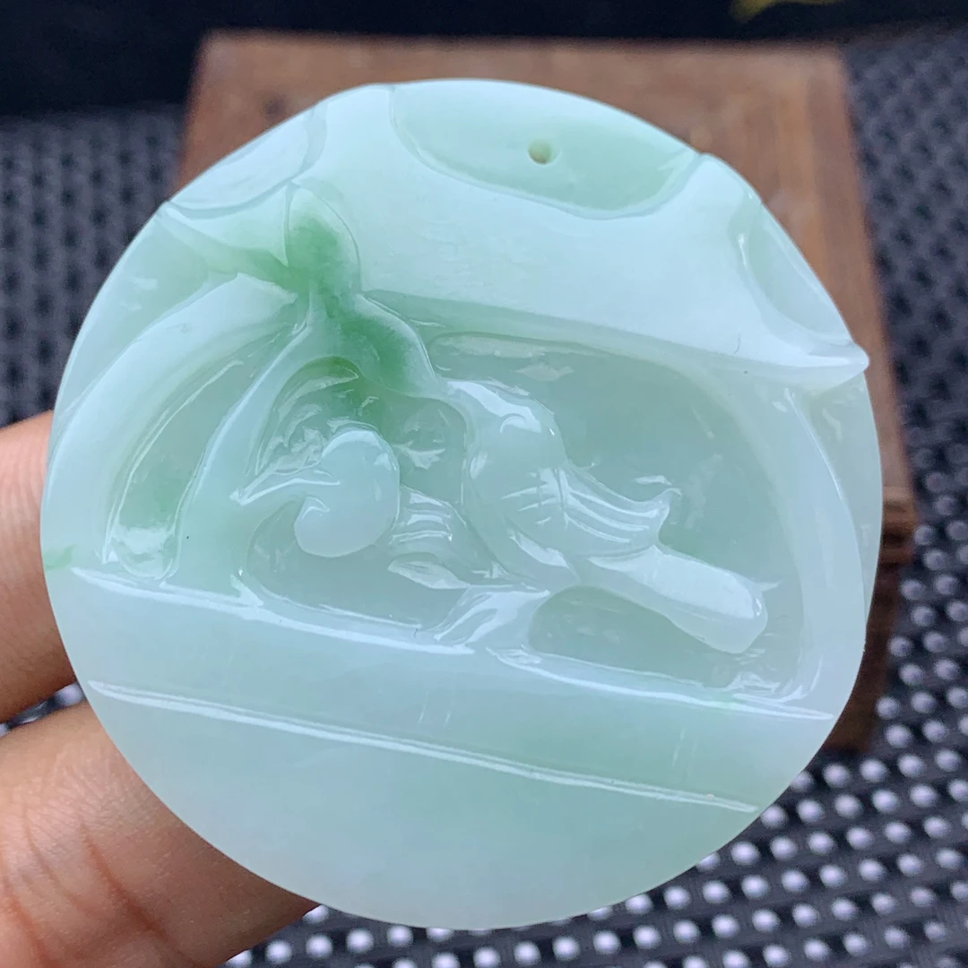 天然缅料A货翡翠花鸟牌挂坠毛衣链满色苹果绿飘花镯心料吊坠挂件