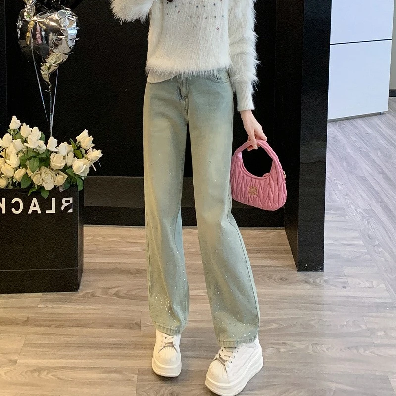 设计感小众烫钻直筒牛仔裤女2025新款高腰显瘦宽松阔腿拖地裤潮定