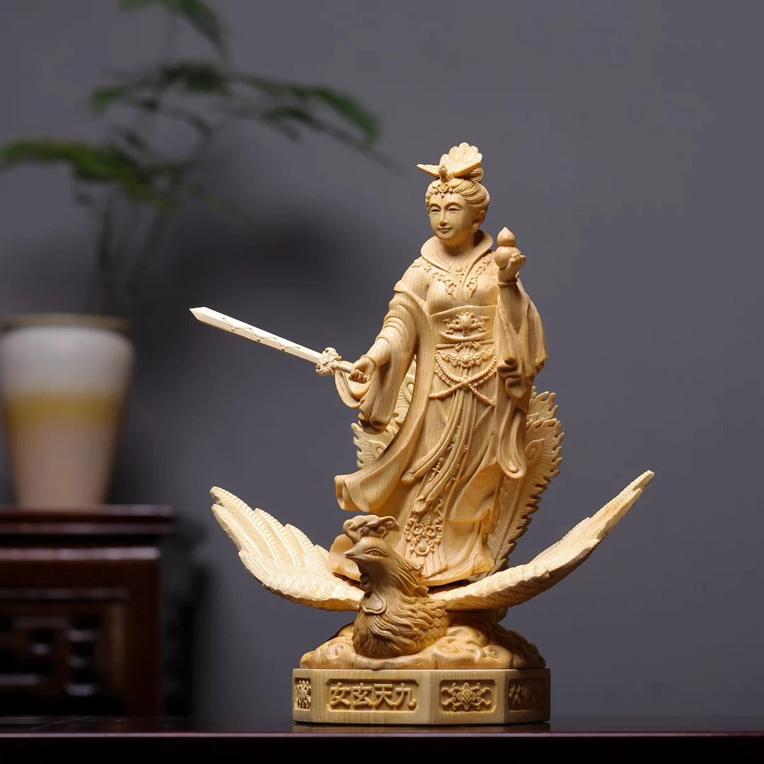桧木九天玄女木雕手工艺雕刻摆件30*26*15