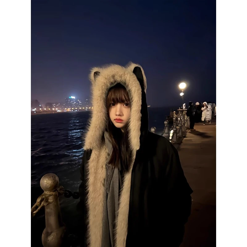 美式休闲毛绒猫耳朵座山雕棉服男冬季加绒保暖厚外套连帽情侣棉衣