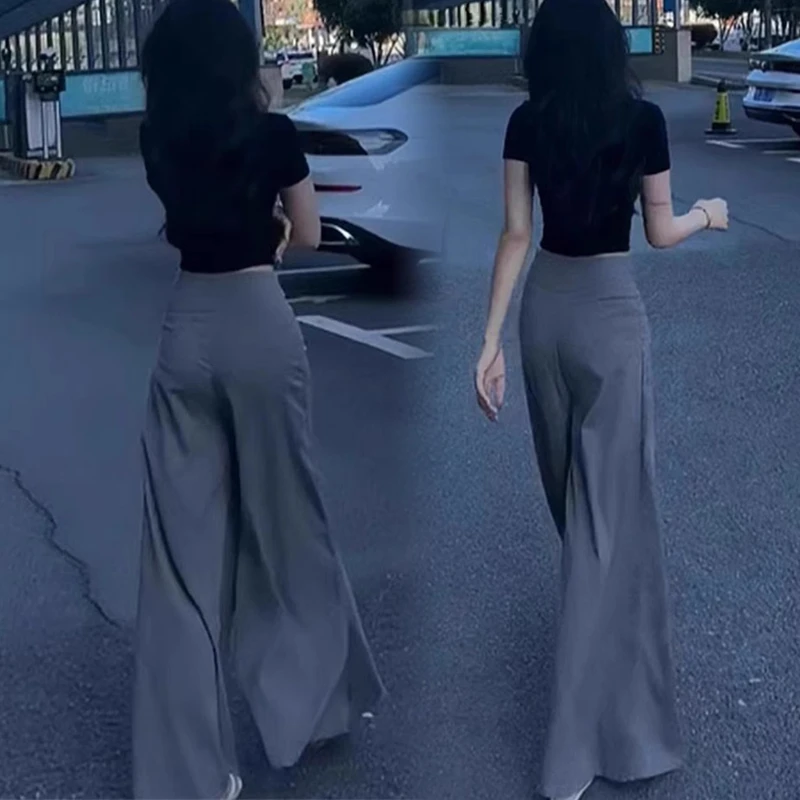 时尚套装女夏季新款黑色短袖T恤上衣高腰垂感西装阔腿裤两件套潮