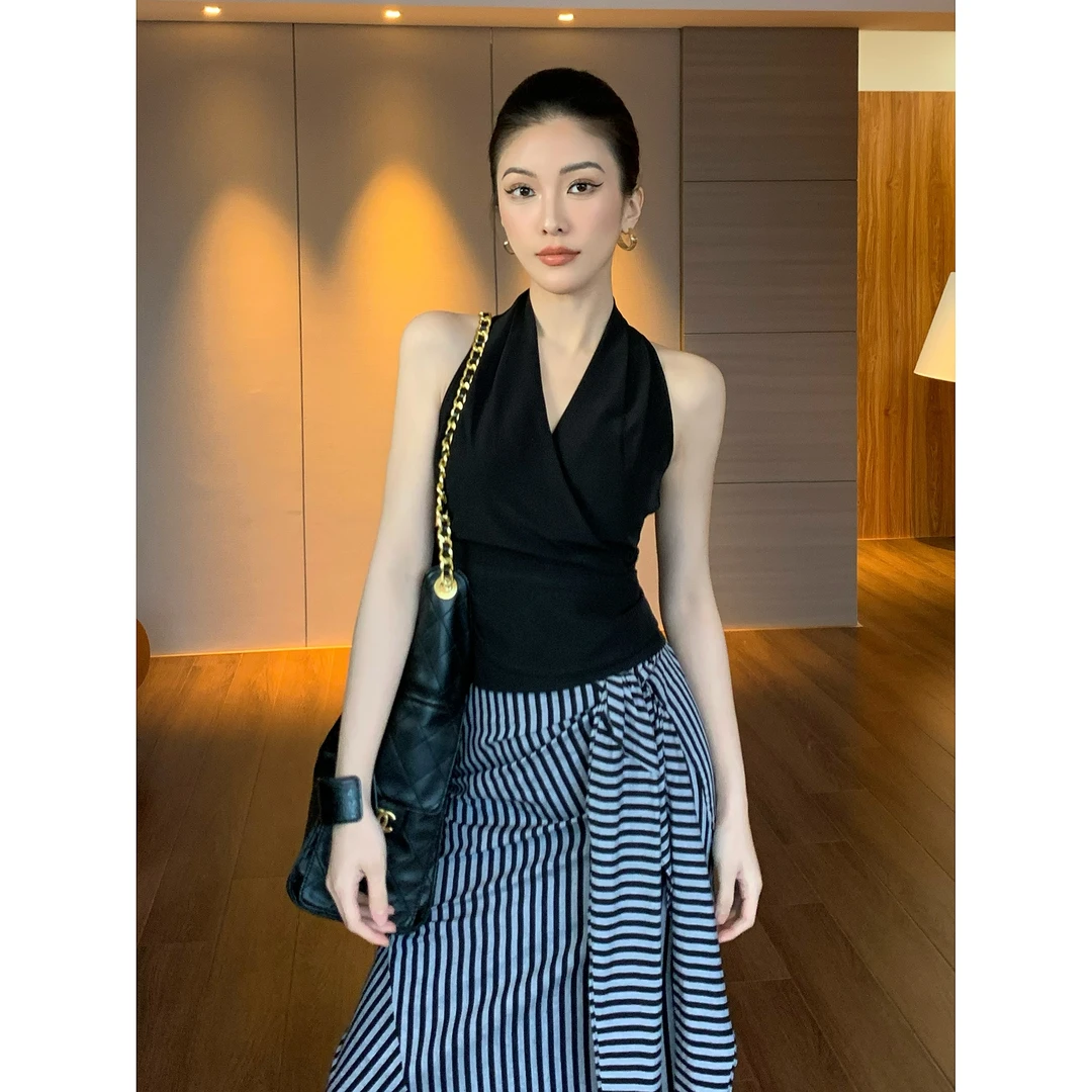 JIJINQI时尚气质显瘦辣妹上衣设计感无袖挂脖吊带背心JD01SZXL513