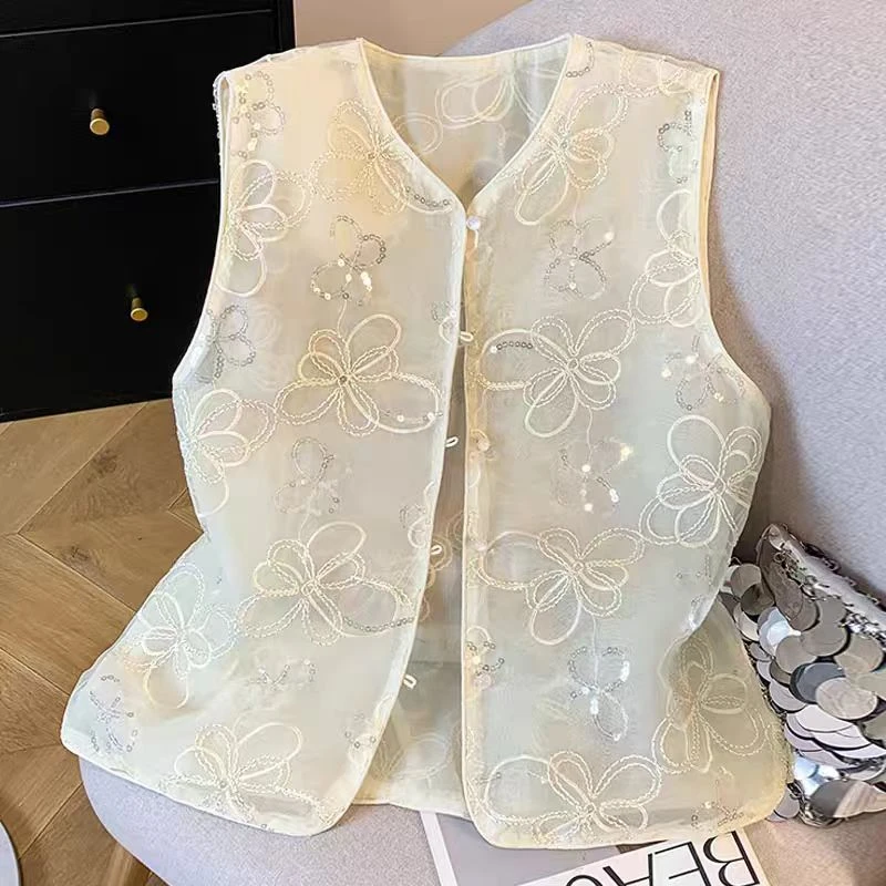 薄款米白蕾丝女马甲夏季马夹单排扣亮片刺绣朋克风