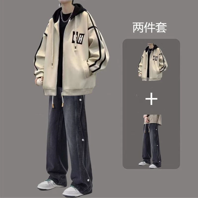 青少年学生港风秋冬季潮流加绒加厚连帽夹克外套搭直筒牛仔裤套装