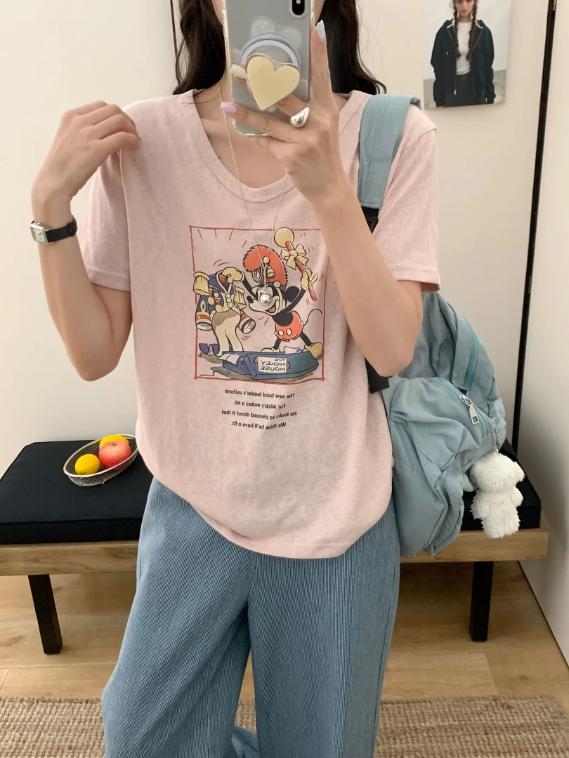 清仓【淘气米奇亚麻棉T恤】夏季韩系小众印花短袖清新自然透气卡通T