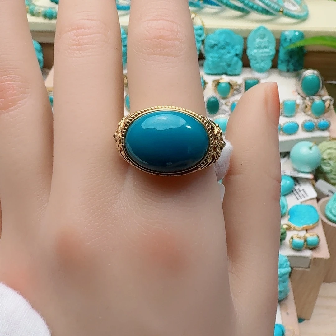 绿松石18K金镶嵌暴蓝戒指12.1
