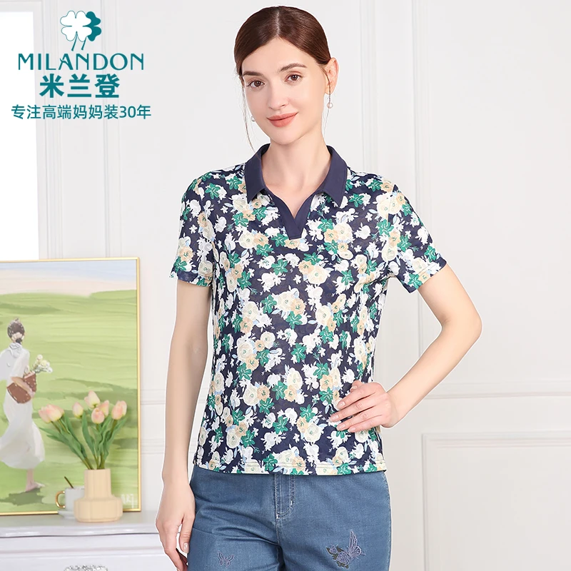 MILANDON/米兰登夏季翻领短袖碎花T恤时尚女士印花上衣3Q2T1118X