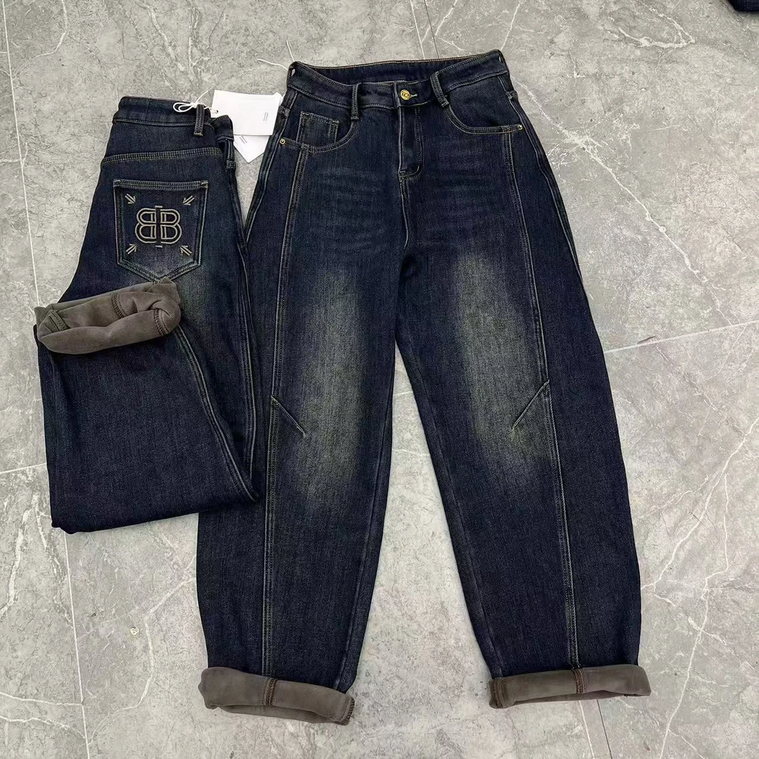 欧货加绒加厚弯刀裤大码胖mm宽松弹力拖地牛仔裤女长裤