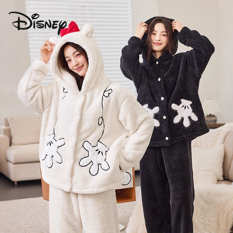 Disney/迪士尼冬季新款加绒保暖长袖男女情侣同款睡衣家居服套装