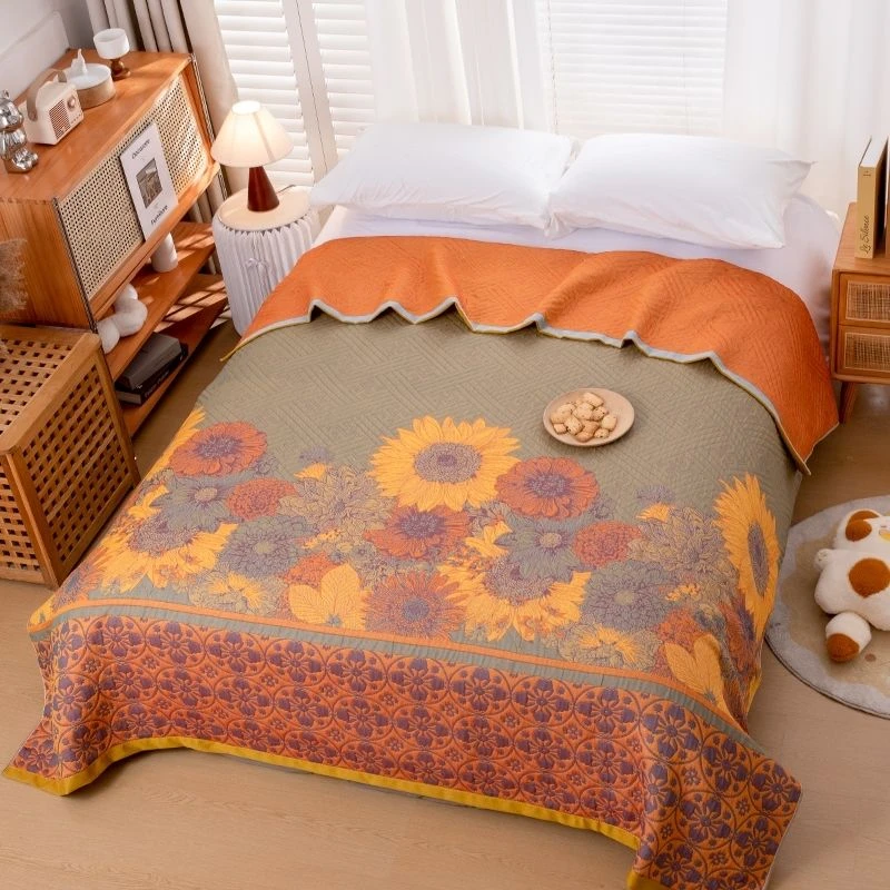 亲肤纯绵纱布盖毯--叶叶生花透气舒适高级感新款机洗凉感多功能毯