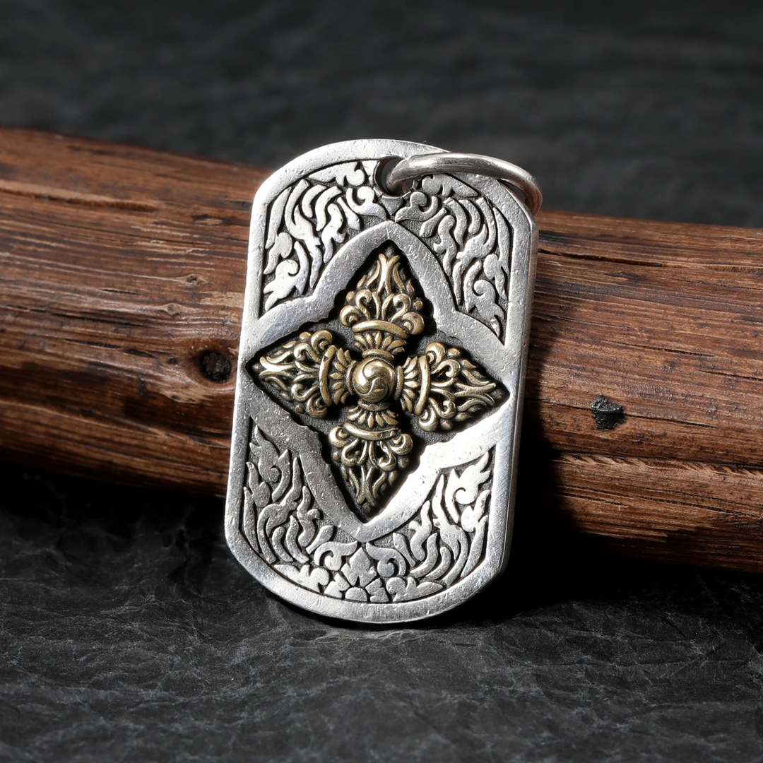 吊坠925银 复古做旧十字宝杵方牌吊坠中性潮流个性中国风挂坠挂件