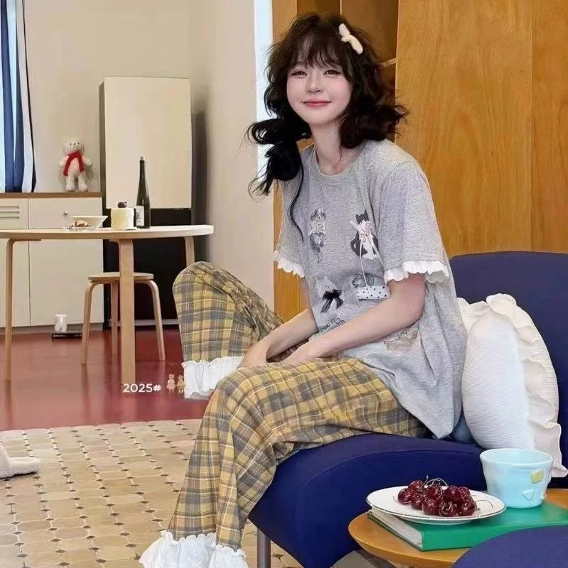 夏季田园格子卡通小狗短袖韩版松弛感格子裤两件套可外穿家居服