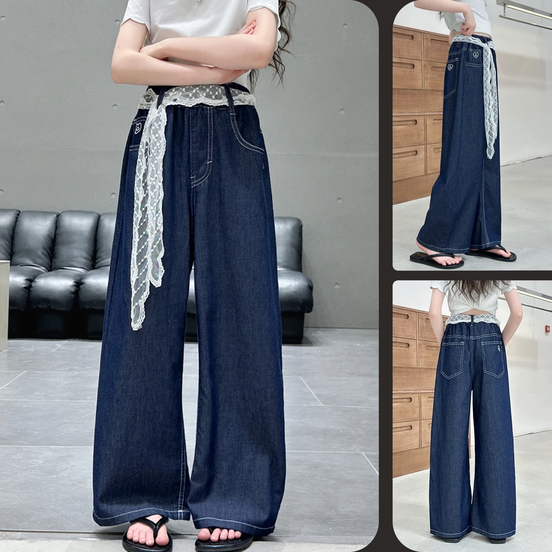 女童直筒阔腿爱心刺绣牛仔裤中大童儿童6-12岁韩版薄款宽松长裤