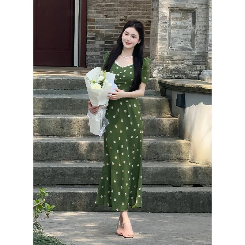 LILI李李家【茶香茉莉】法式田园度假风长裙2025夏新品绿色连衣裙