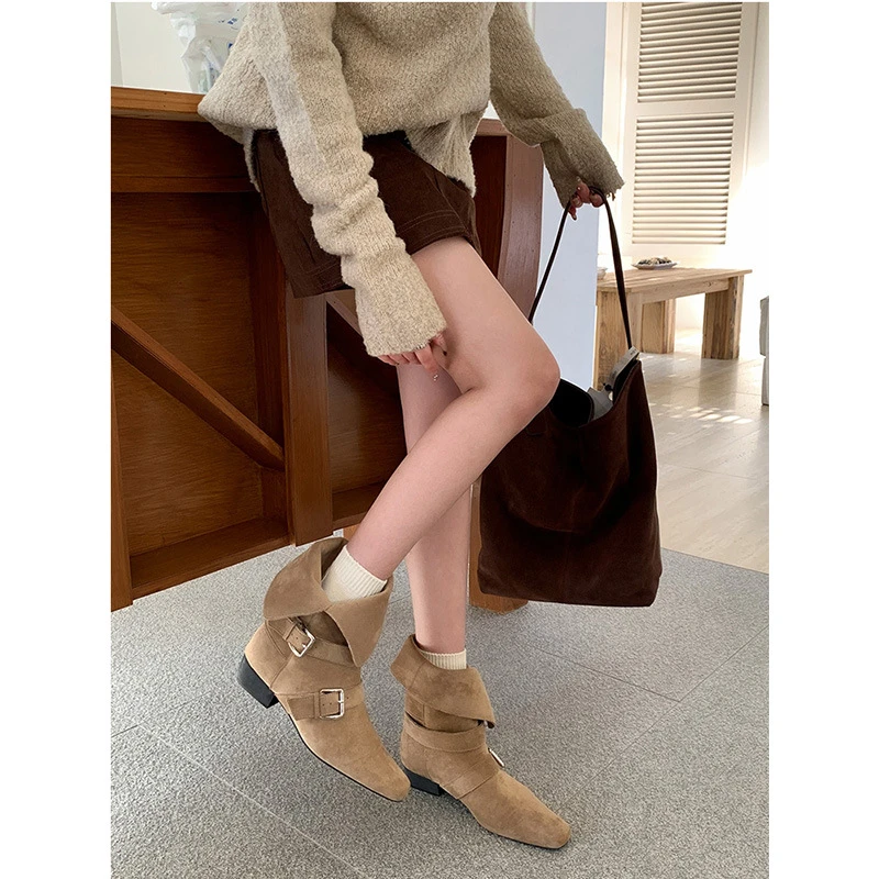 方头西部牛仔靴女2025新款秋冬两穿粗跟显瘦堆堆靴时尚百搭骑士靴