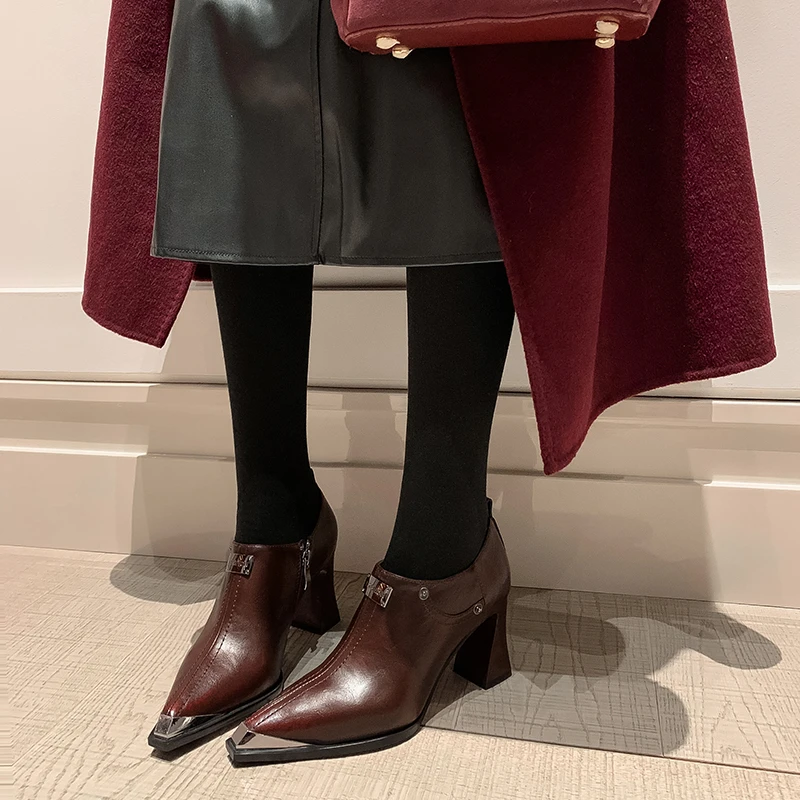 Van Gerch7CM牛皮金属铁头防撞百搭深口高跟黑色棕色粗跟买1赠3