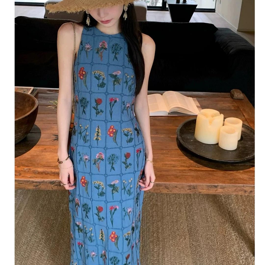 【暮】青山如黛夏季老钱风绣花旗袍长裙无袖蓝色高腰套头系带连衣裙