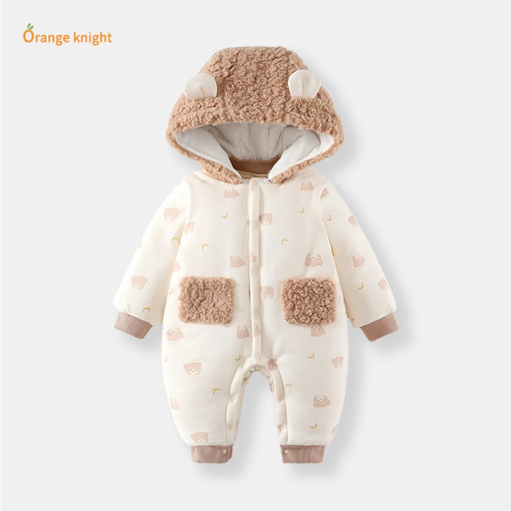 新生儿秋冬装加绒哈衣婴儿连体衣软萌小熊印花衣服毛绒连帽外出服