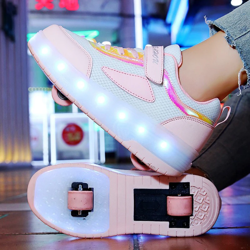 女童鞋2025夏季新款儿童网面透气运动暴走鞋中大童亮灯轮滑溜冰鞋