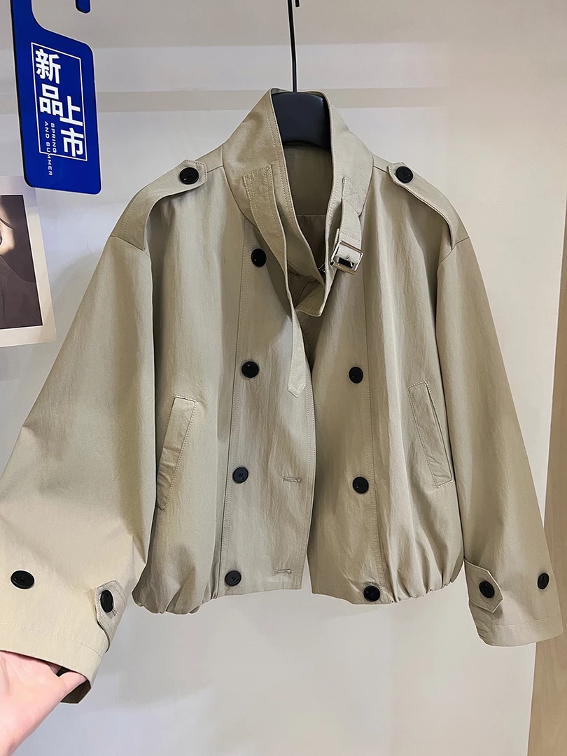 欧货高端时尚立领双排扣工装外套女2025秋季新款宽松休闲短款风衣