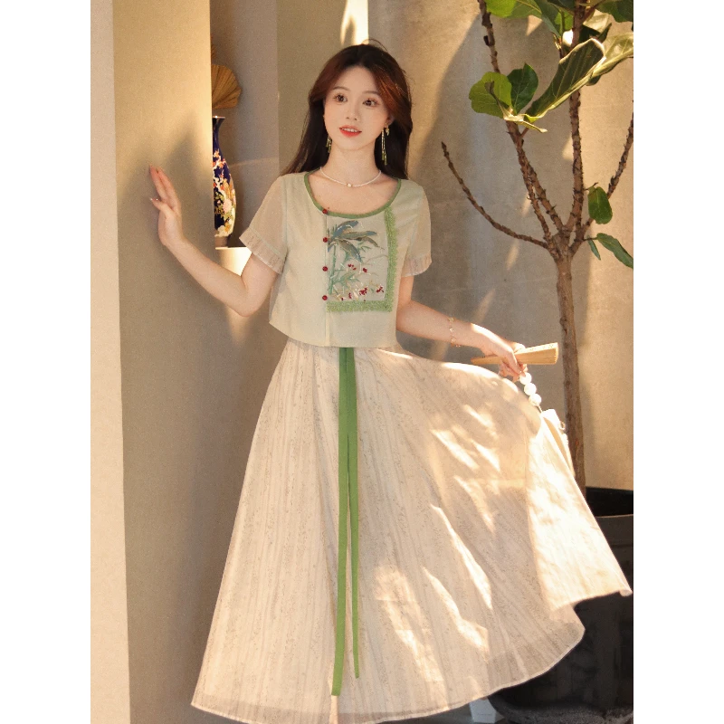瑶西【夏鸣】女夏青竹刺绣印花好看长裙出游新中式连衣裙汉服两件套