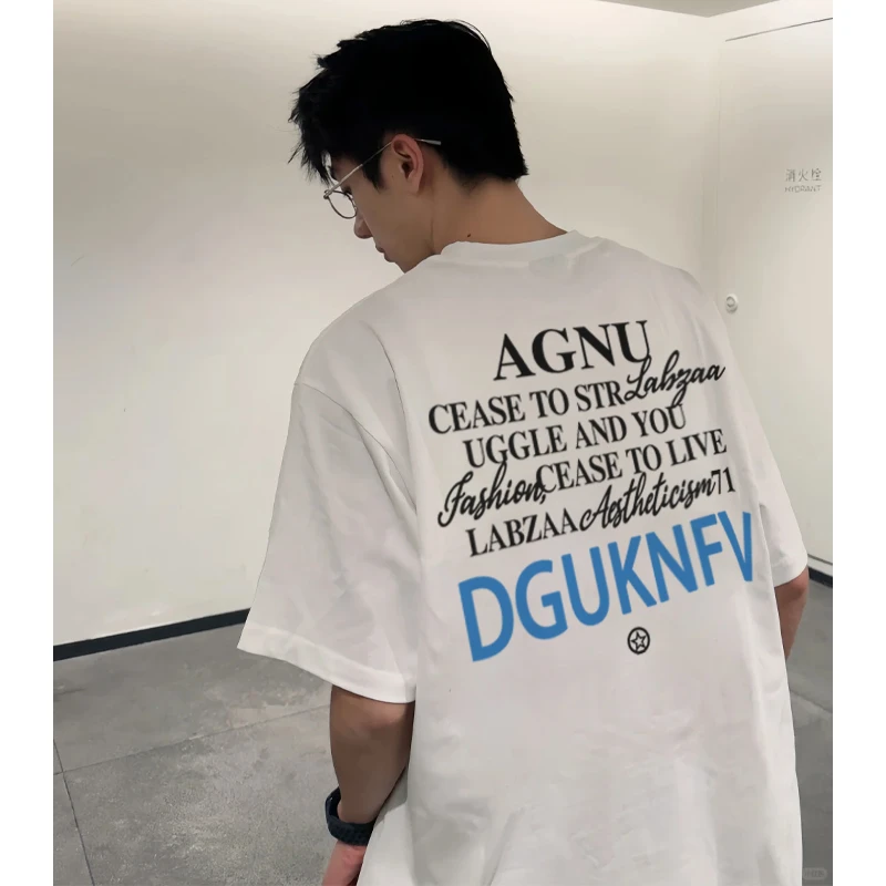 labzaa美式ins高街创意字母印花短袖t恤男夏女季休闲宽松纯棉上衣