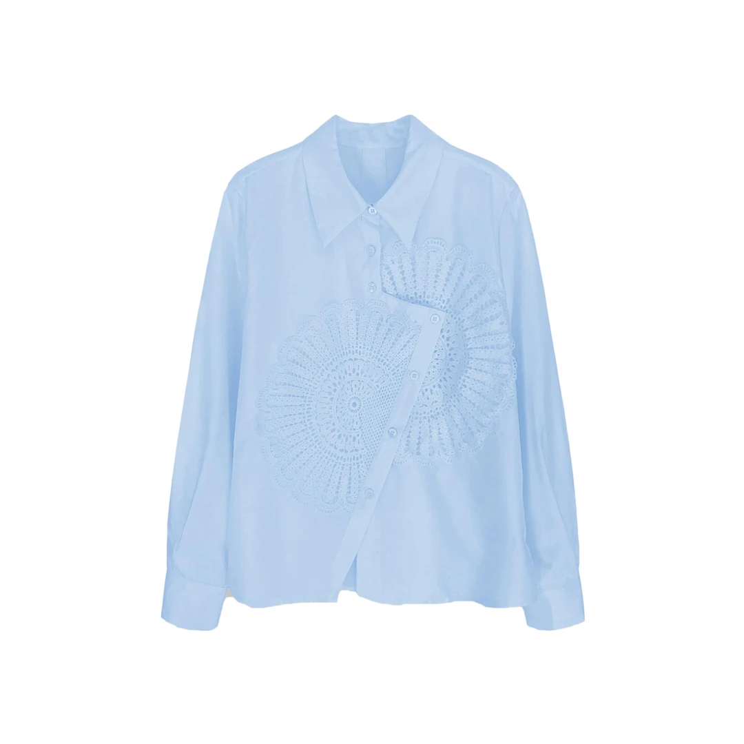 大涵优选 春季不规则钩花门襟显瘦翻领衬衫