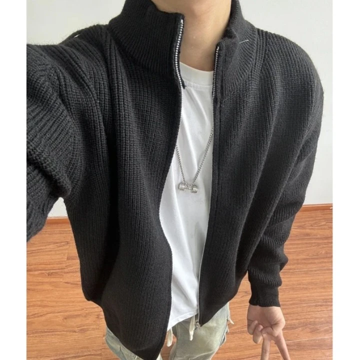 黑色cleanfit立领针织外套男春秋季短款高级感美式慵懒风开衫毛衣