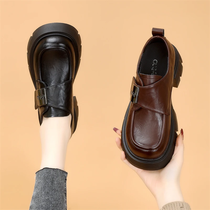 厚底高级感魔术贴单鞋女2025春季新款时尚圆头显瘦软底通勤乐福鞋