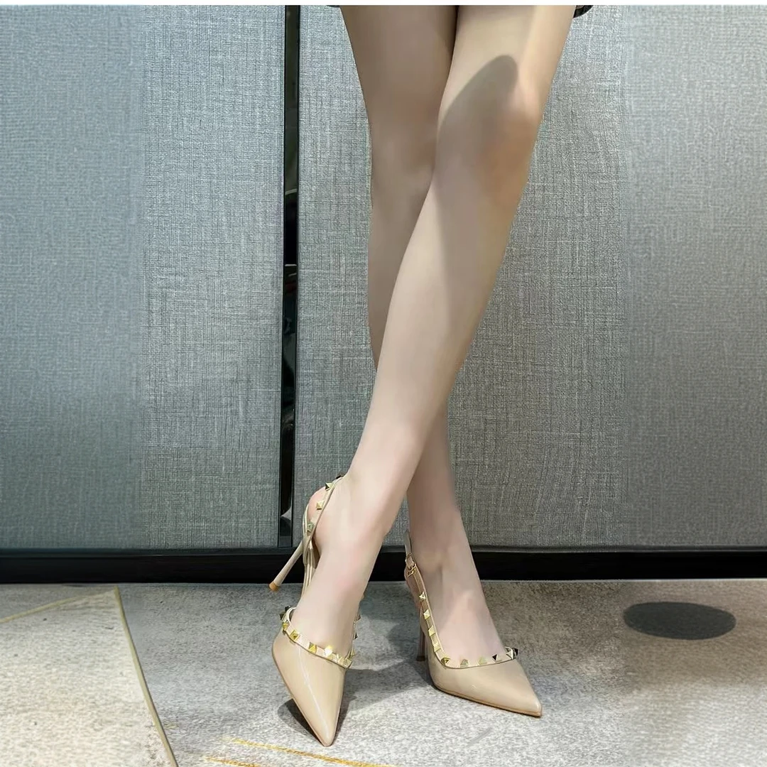 时尚粗跟气质尖头高跟高跟鞋浅口铆钉时装凉鞋韩版性感细跟