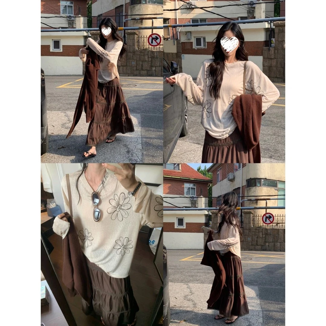 宽松长袖T恤女印花罩衫+ 显瘦压褶A字裙伞裙套装#C952