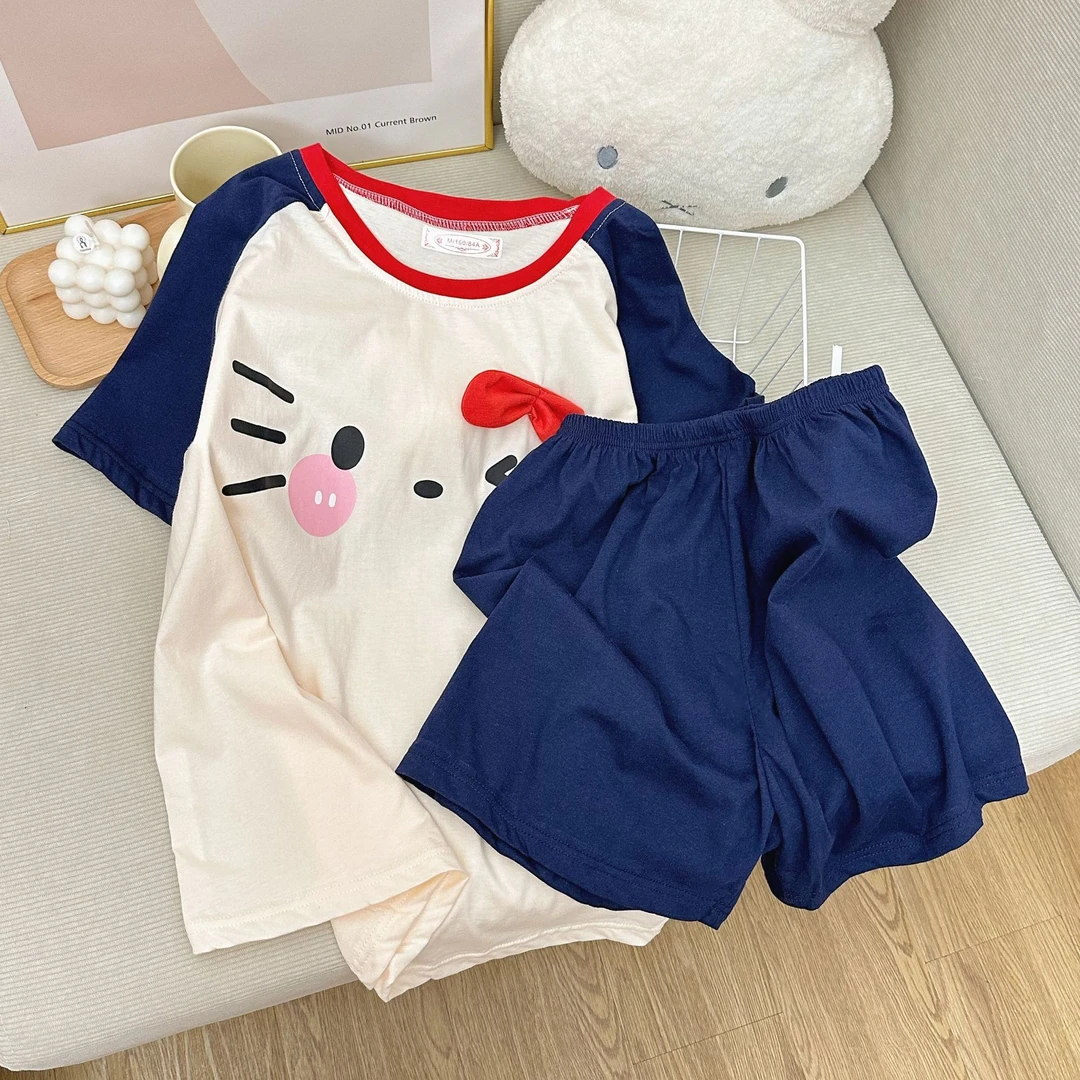 夏季纯棉少女睡衣卡通kitty猫插肩袖短袖短裤圆领薄款家居服套装