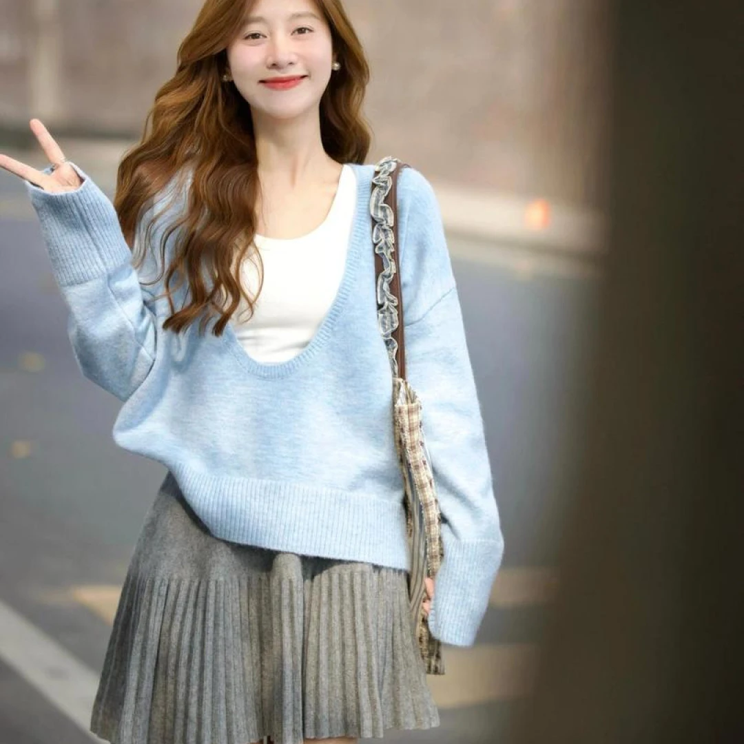 春季穿搭一整套女2025韩版慵懒风背心叠穿针织上衣百褶短裙三件套